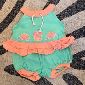 Vintage 90s Nannette 2 Piece Dress Bloomer Set Coral Blue Seahorse 12M